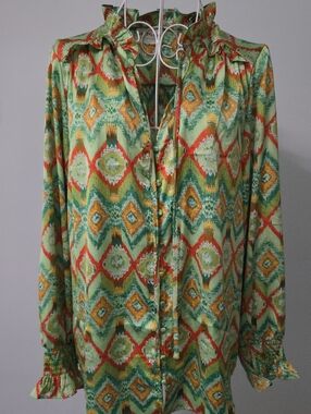 First Love Green Multi Geometric Ruffle-Neck Blouse